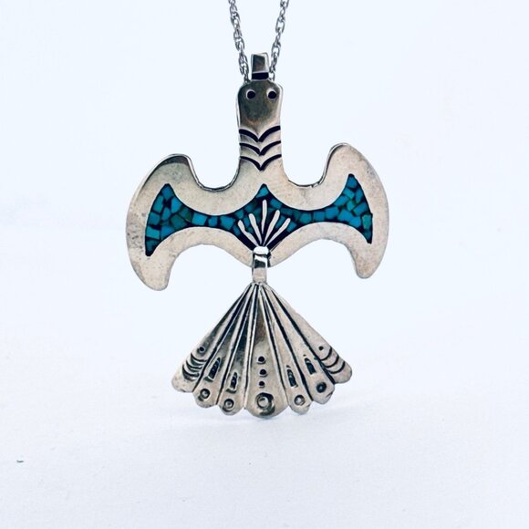 Vintage Sterling Silver Turquoise Inlay Thunderbird Pendant Necklace 10g, 16"in - Picture 2 of 11